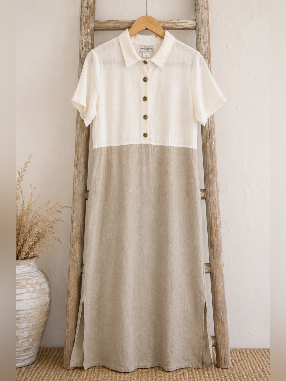 Studio Ease Vintage 100% Linen Colorblock Button Front Maxi Dress USA 12